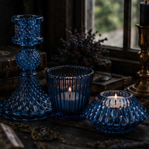 Blue vintage glass candle holder set with taper holder, tealight holder and votive holder