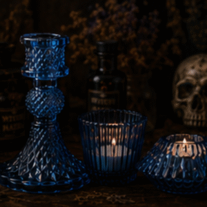 Blue vintage glass candle holder set with taper holder, tealight holder and votive holder