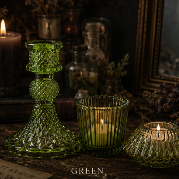 Green vintage glass candle holder set with taper holder, tealight holder and votive holder