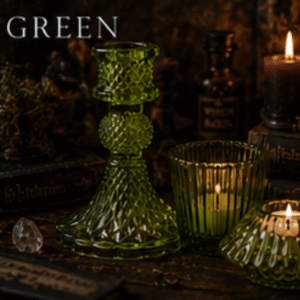 Green vintage glass candle holder set with taper holder, tealight holder and votive holder