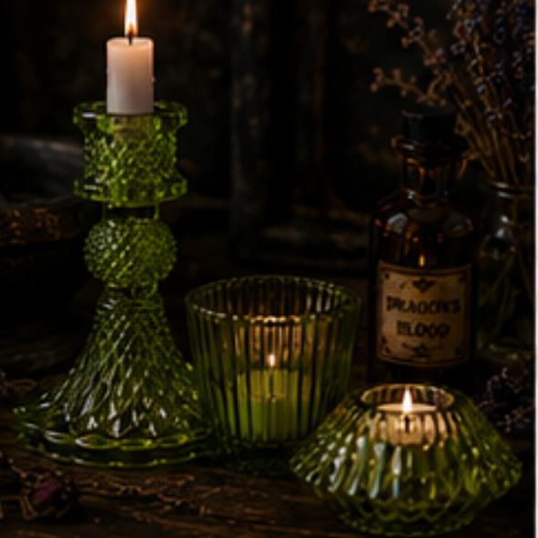 Green vintage glass candle holder set with taper holder, tealight holder and votive holder