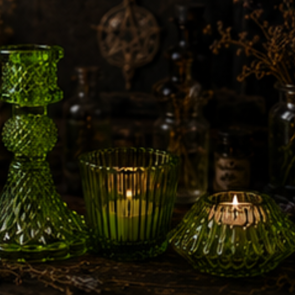 Green vintage glass candle holder set with taper holder, tealight holder and votive holder
