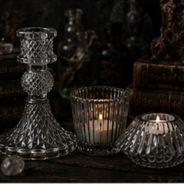 Clear vintage glass candle holder set with taper holder, tealight holder and votive holder