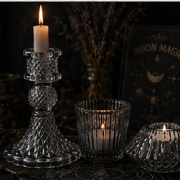 grey vintage glass candle holder set with taper holder, tealight holder and votive holder