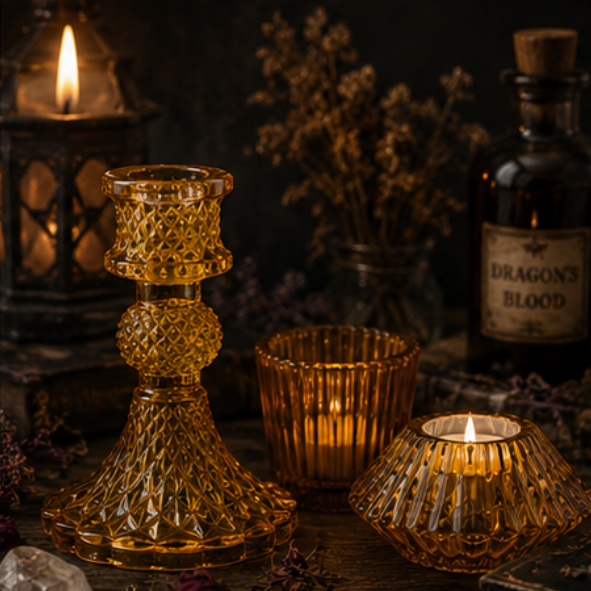 Amber vintage glass candle holder set with taper holder, tealight holder and votive holder