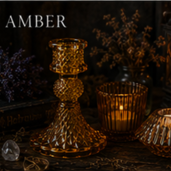 Amber vintage glass candle holder set with taper holder, tealight holder and votive holder