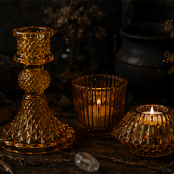 Amber vintage glass candle holder set with taper holder, tealight holder and votive holder