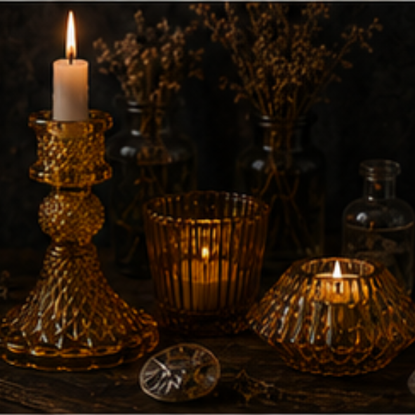 Amber vintage glass candle holder set with taper holder, tealight holder and votive holder