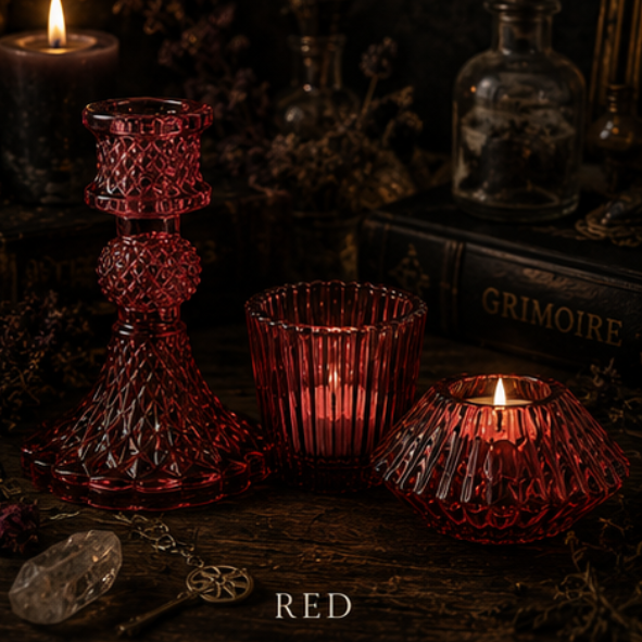 Red vintage glass candle holder set with taper holder, tealight holder and votive holder