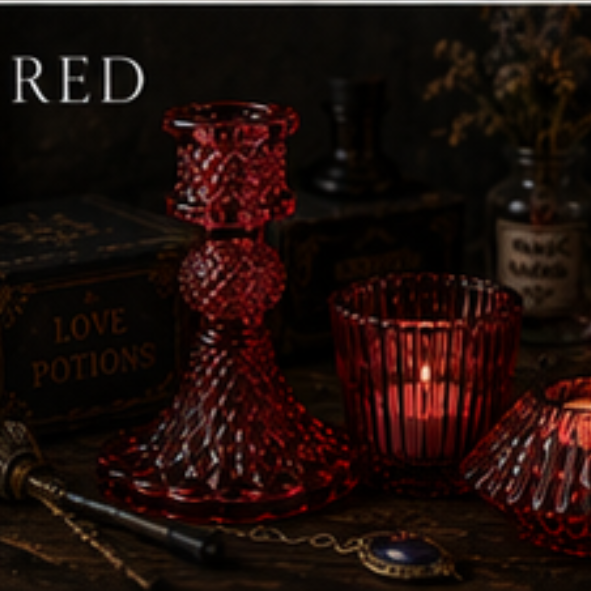 Red vintage glass candle holder set with taper holder, tealight holder and votive holder