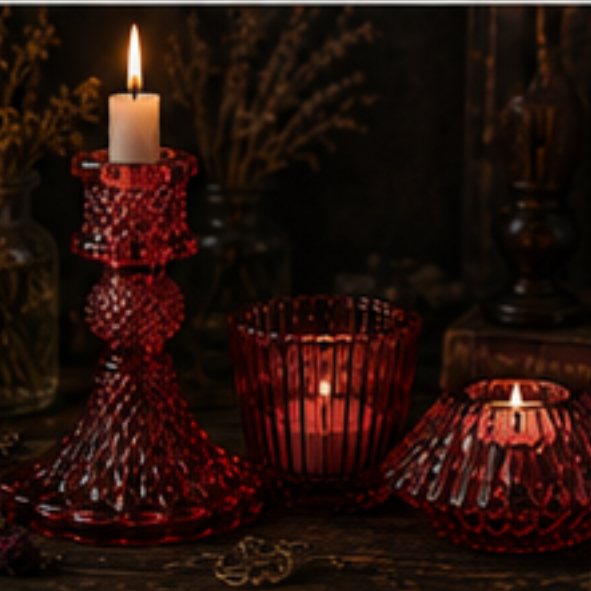 Red vintage glass candle holder set with taper holder, tealight holder and votive holder