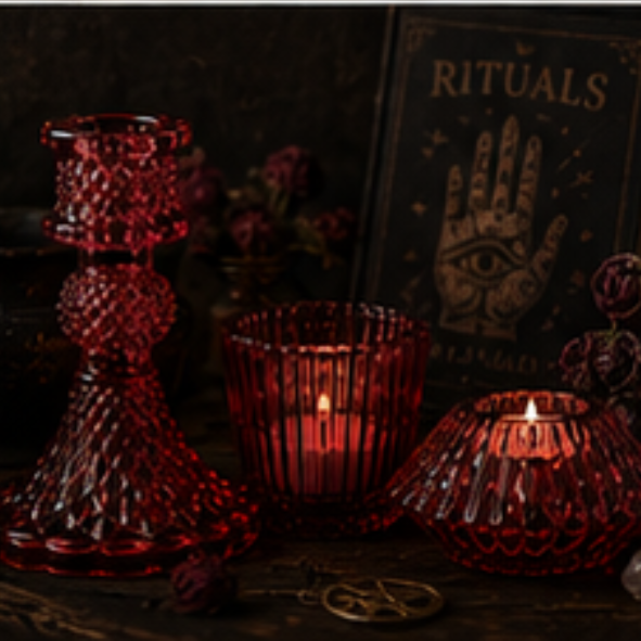 Red vintage glass candle holder set with taper holder, tealight holder and votive holder