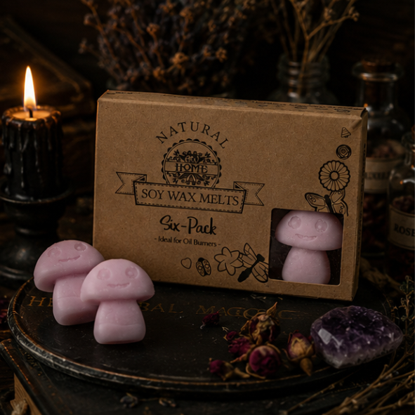 Handmade pink mushroom soy wax melts in a gift box by Roaming Raven
