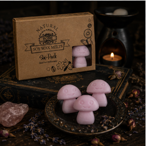 Handmade pink mushroom soy wax melts in a gift box by Roaming Raven