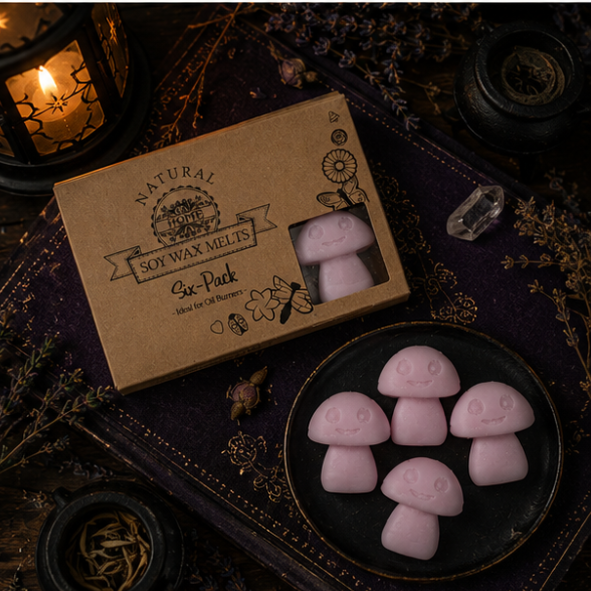 Handmade pink mushroom soy wax melts in a gift box by Roaming Raven