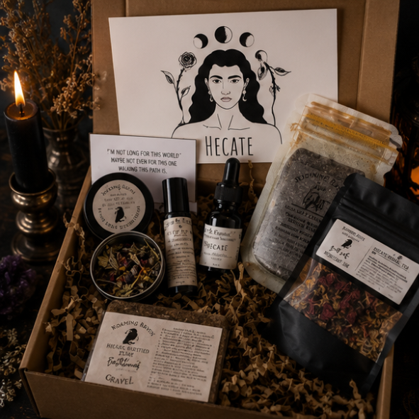 Hecate gift box featuring botanical bath salts, herbal tea, pulse oil, soap, smoke blend and ritual products by Roaming Raven