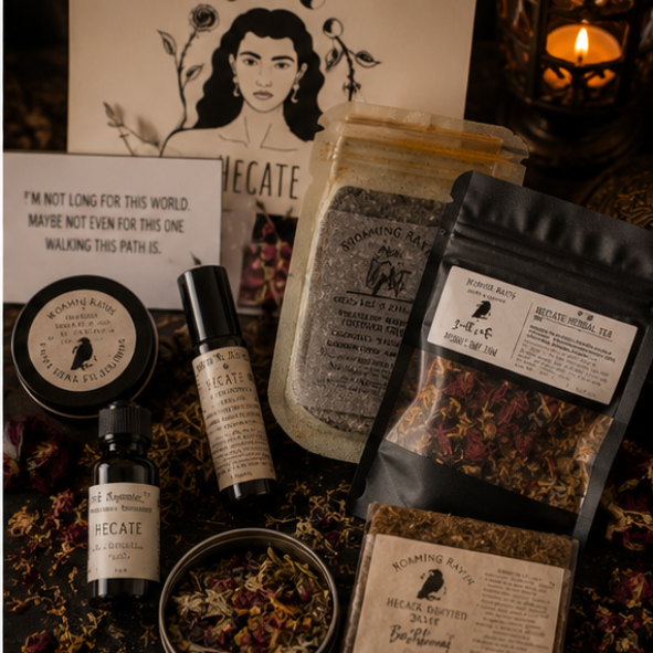 Hecate gift box featuring botanical bath salts, herbal tea, pulse oil, soap, smoke blend and ritual products by Roaming Raven