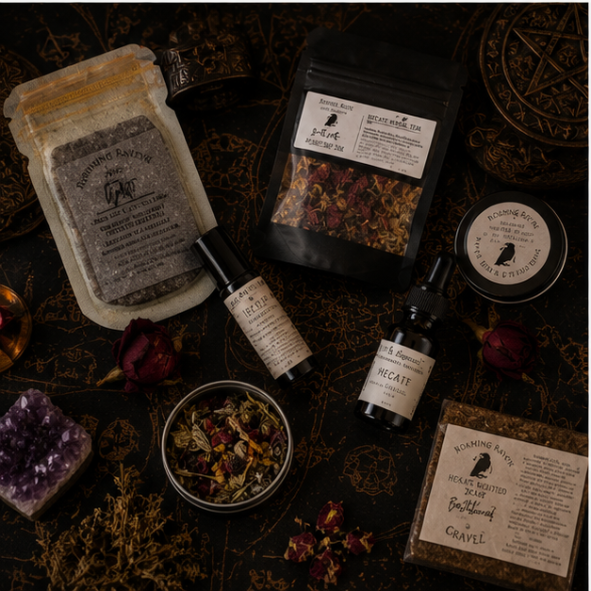 Hecate gift box featuring botanical bath salts, herbal tea, pulse oil, soap, smoke blend and ritual products by Roaming Raven