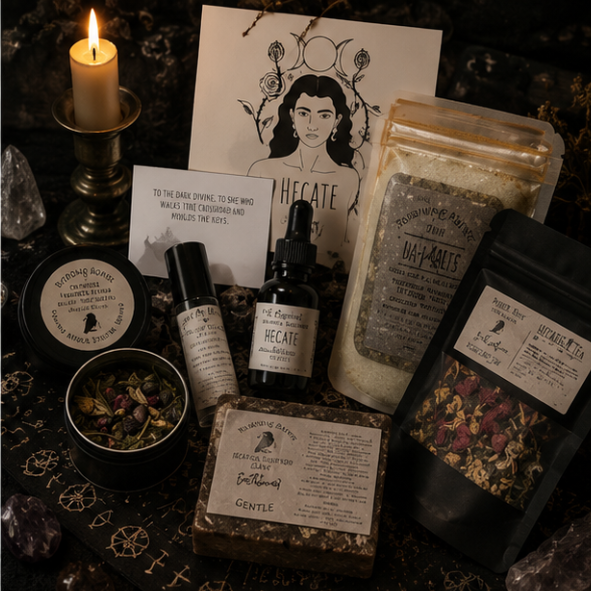 Hecate gift box featuring botanical bath salts, herbal tea, pulse oil, soap, smoke blend and ritual products by Roaming Raven