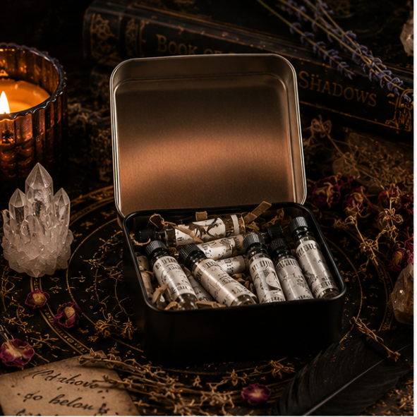 Luxury sample perfume oil discovery tin featuring handcrafted botanical fragrance samples by Roaming Raven
