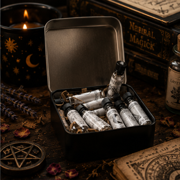 Luxury sample perfume oil discovery tin featuring handcrafted botanical fragrance samples by Roaming Raven