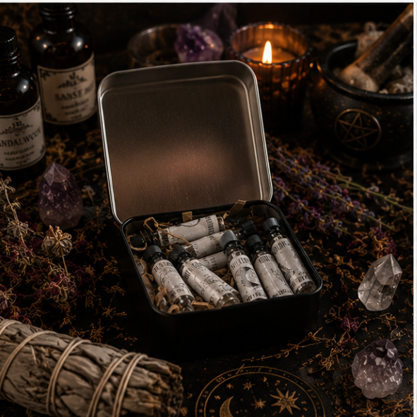Luxury sample perfume oil discovery tin featuring handcrafted botanical fragrance samples by Roaming Raven