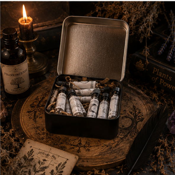 Luxury sample perfume oil discovery tin featuring handcrafted botanical fragrance samples by Roaming Raven