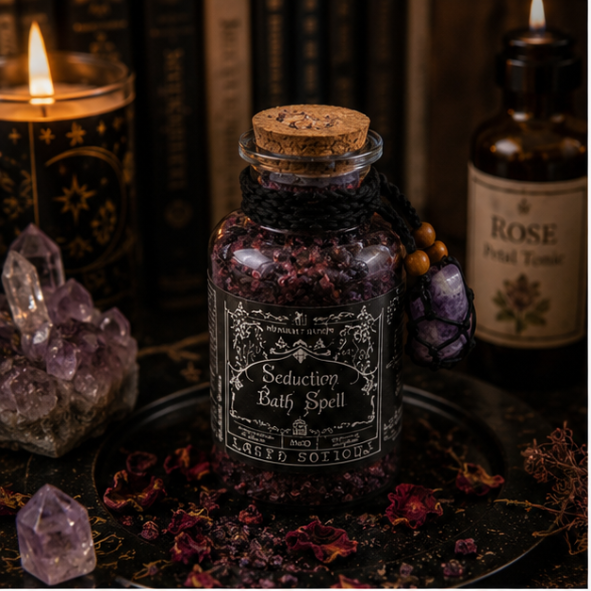 Seduction Bath Spell botanical ritual bath blend in a glass apothecary bottle with amethyst crystal charm by Roaming Raven