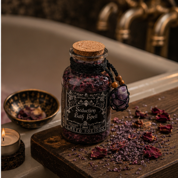 Seduction Bath Spell botanical ritual bath blend in a glass apothecary bottle with amethyst crystal charm by Roaming Raven