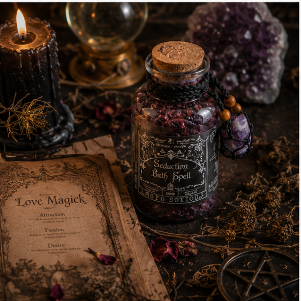 Seduction Bath Spell botanical ritual bath blend in a glass apothecary bottle with amethyst crystal charm by Roaming Raven