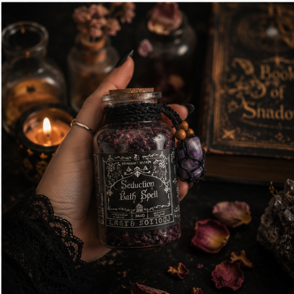 Seduction Bath Spell botanical ritual bath blend in a glass apothecary bottle with amethyst crystal charm by Roaming Raven