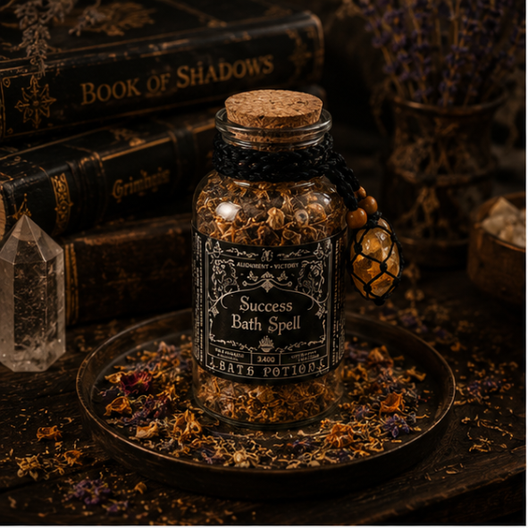 Success Bath Spell botanical ritual bath blend in a glass apothecary bottle with crystal charm by Roaming Raven