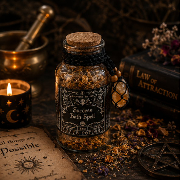 Success Bath Spell botanical ritual bath blend in a glass apothecary bottle with crystal charm by Roaming Raven