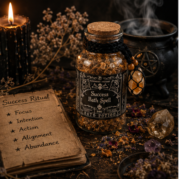 Success Bath Spell botanical ritual bath blend in a glass apothecary bottle with crystal charm by Roaming Raven
