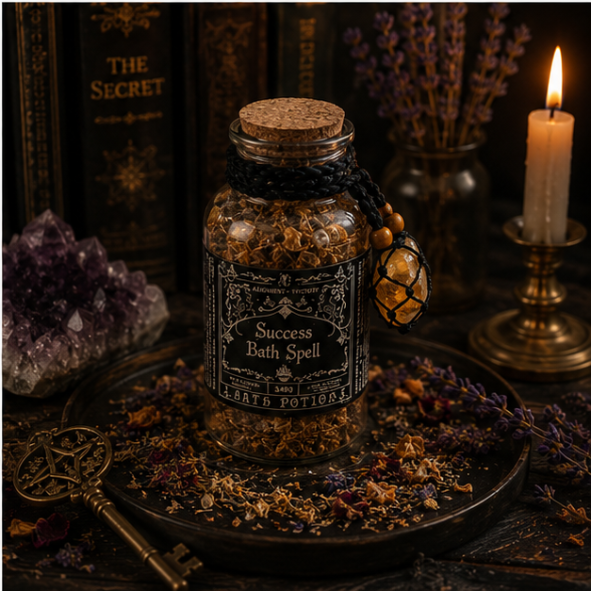 Success Bath Spell botanical ritual bath blend in a glass apothecary bottle with crystal charm by Roaming Raven