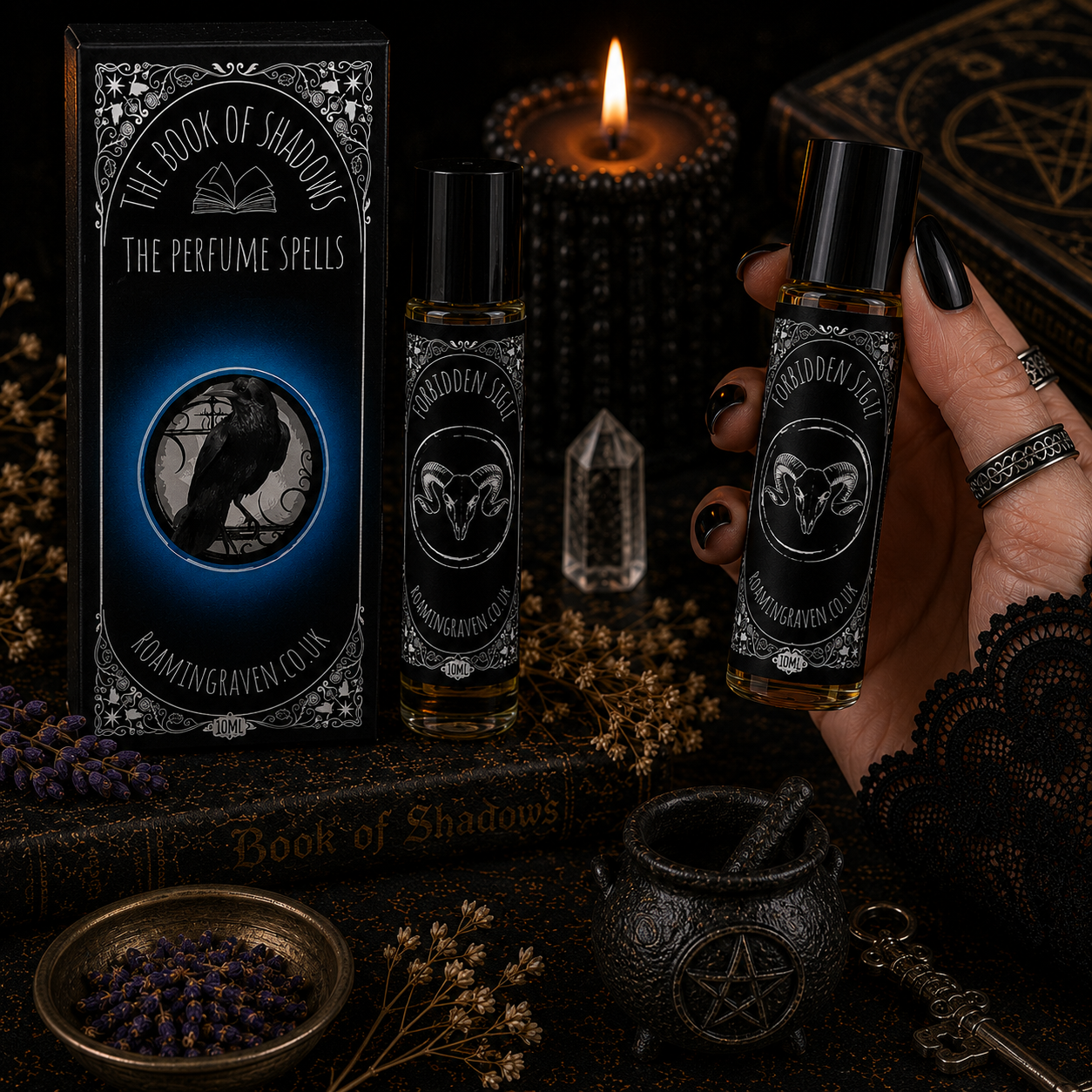 Forbidden Sigil perfume oil in a 10ml roller bottle with gothic botanical artwork by Roaming Raven.