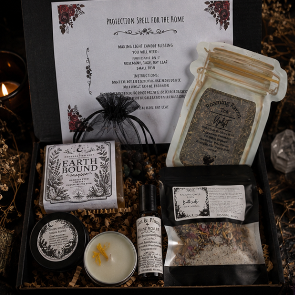 Green Witch ritual gift box with protection spell kit, handmade soap, herbal bath soak, candle, roller oil and botanical gifts by Roaming Raven
