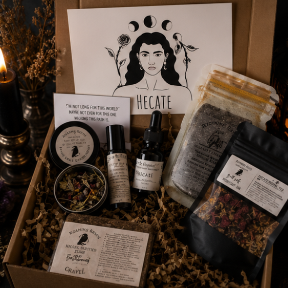 Hecate ritual gift box with botanical bath soak, herbal tea, intention mist, perfume oil, bath tea and spell ingredients by Roaming Raven