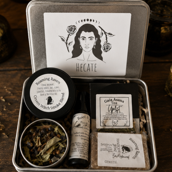 Hecate ritual gift tin with herbal tea, herbal smoke blend, pulse roller, bath salts and spiritual self-care gifts by Roaming Raven