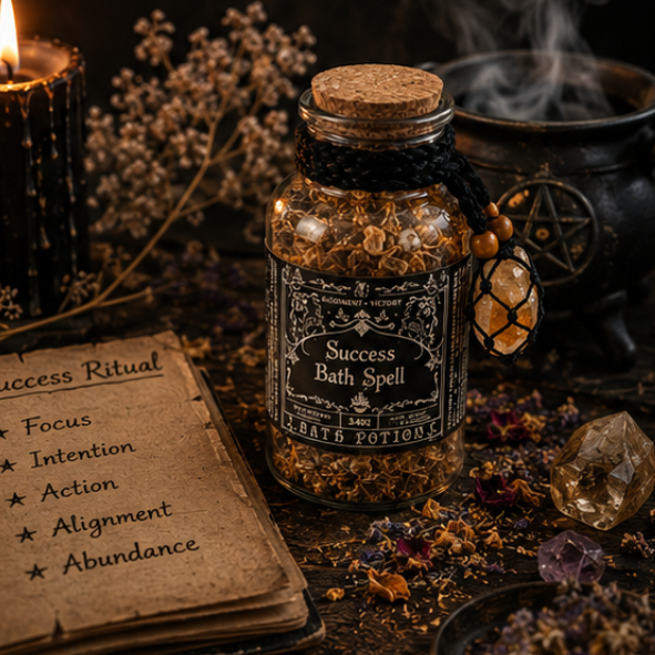 Success Bath Spell botanical bath soak in corked glass apothecary bottle with crystal charm by Roaming Raven