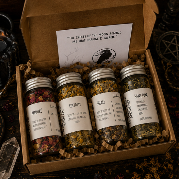 Herbal apothecary gift box with four handcrafted botanical herb blends by Roaming Raven including Amouré, Lucidity, Solace and Sanctum