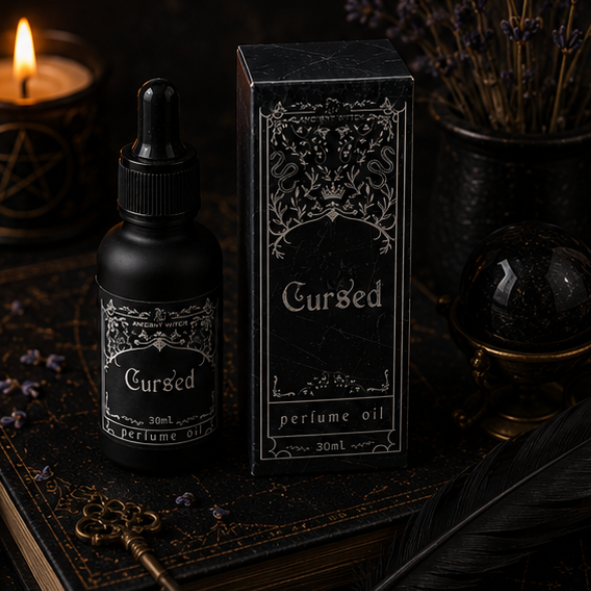 Cursed perfume oil by Roaming Raven in a 30ml black glass bottle with gothic gift box