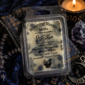 Protection soy wax melts with rosemary, frankincense, lavender, ginger, cedar and juniper berries in a botanical clamshell by Roaming Raven