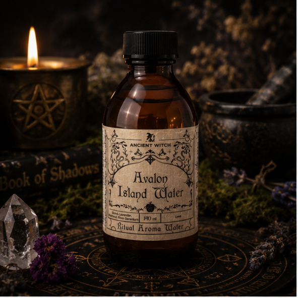 Avalon Island Water Ritual Aroma Water in a 140ml amber apothecary bottle with vintage botanical label by Ancient Witch.