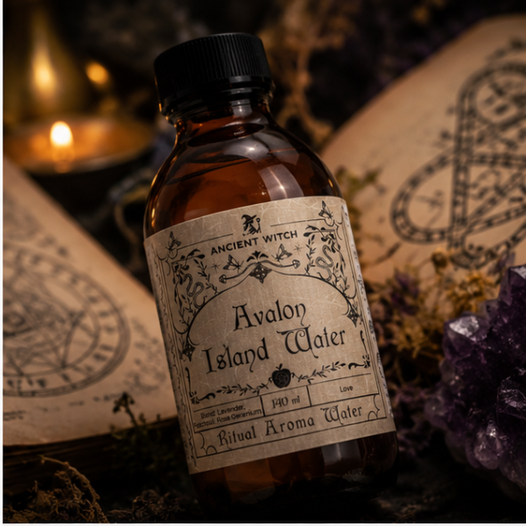 Avalon Island Water Ritual Aroma Water in a 140ml amber apothecary bottle with vintage botanical label by Ancient Witch.