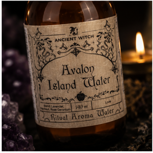 Avalon Island Water Ritual Aroma Water in a 140ml amber apothecary bottle with vintage botanical label by Ancient Witch.