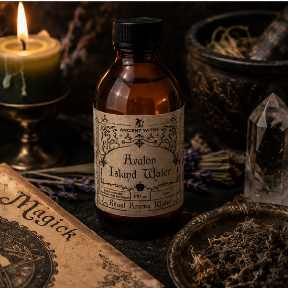 Avalon Island Water Ritual Aroma Water in a 140ml amber apothecary bottle with vintage botanical label by Ancient Witch.