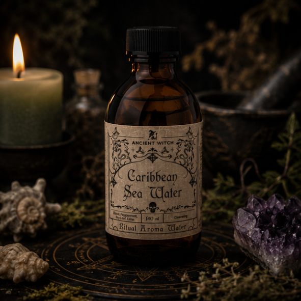 Caribbean Sea Water Ritual Aroma Water in a 140ml amber apothecary bottle with vintage botanical label by Ancient Witch.