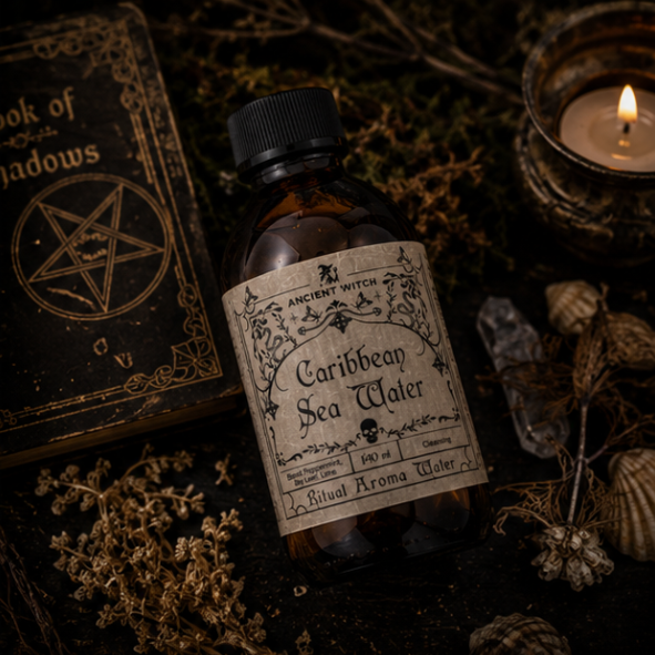Caribbean Sea Water Ritual Aroma Water in a 140ml amber apothecary bottle with vintage botanical label by Ancient Witch.