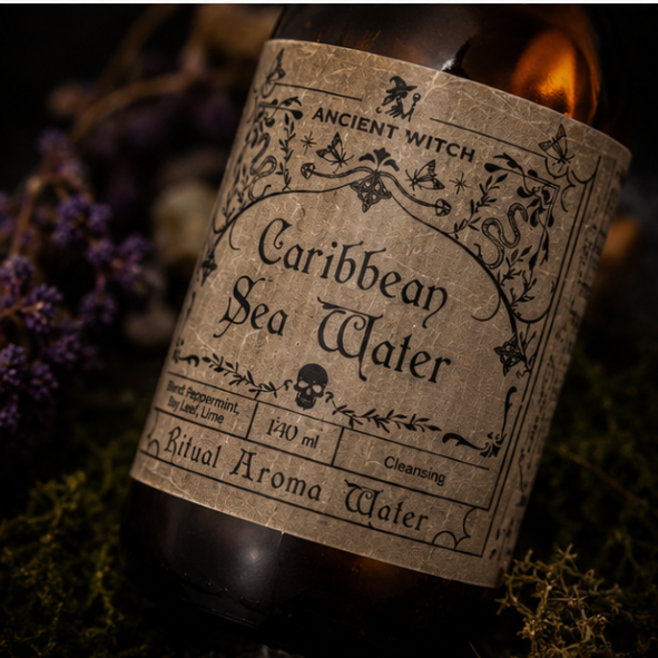 Caribbean Sea Water Ritual Aroma Water in a 140ml amber apothecary bottle with vintage botanical label by Ancient Witch.